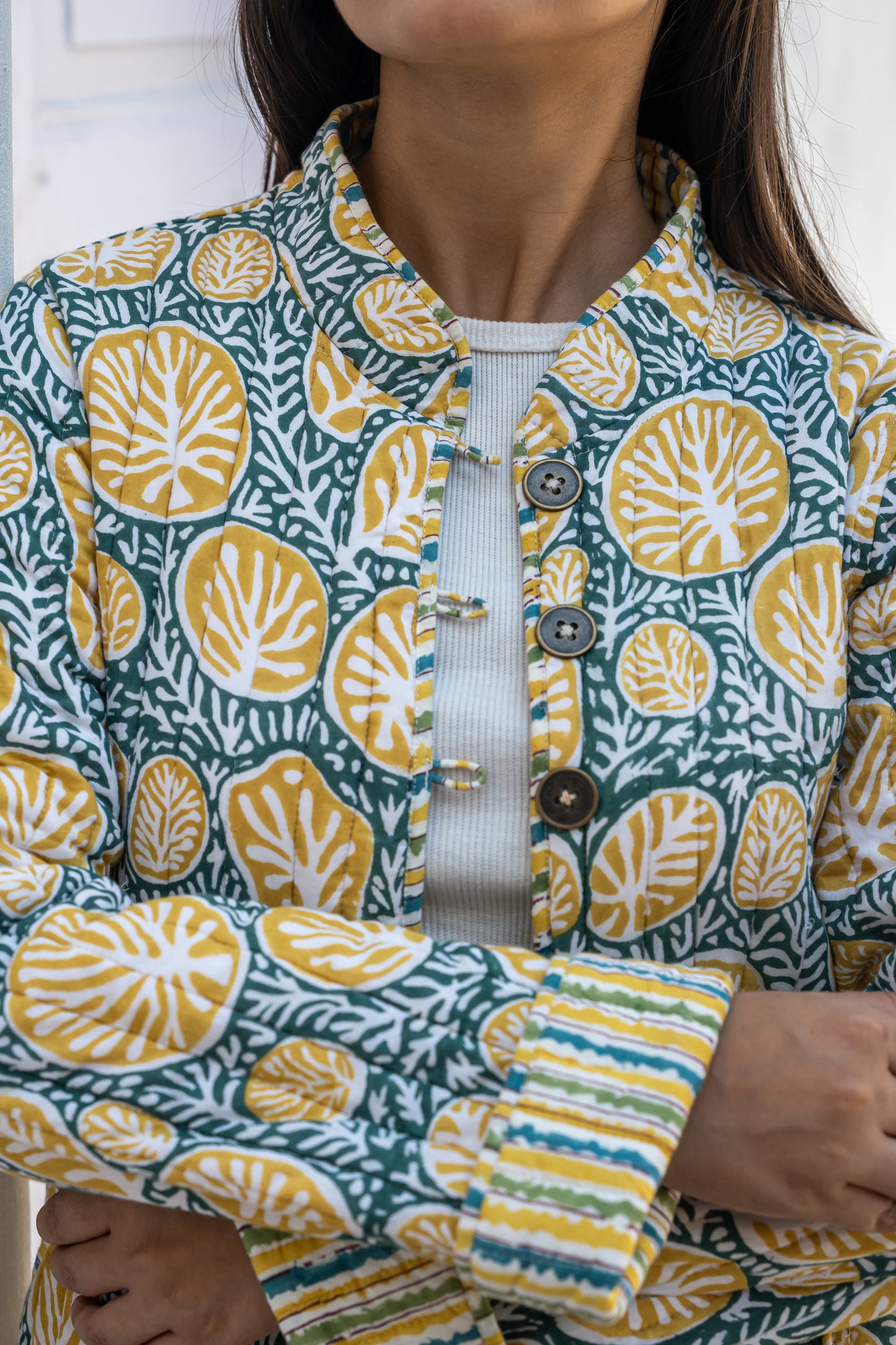 Green Yellow Folded Sleeves Quilted Coat-NVQJ632