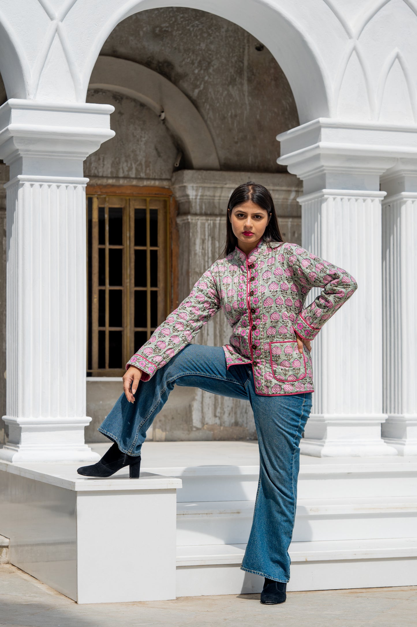 Grey Floral Reversible Quilted Jacket-NVQJ634