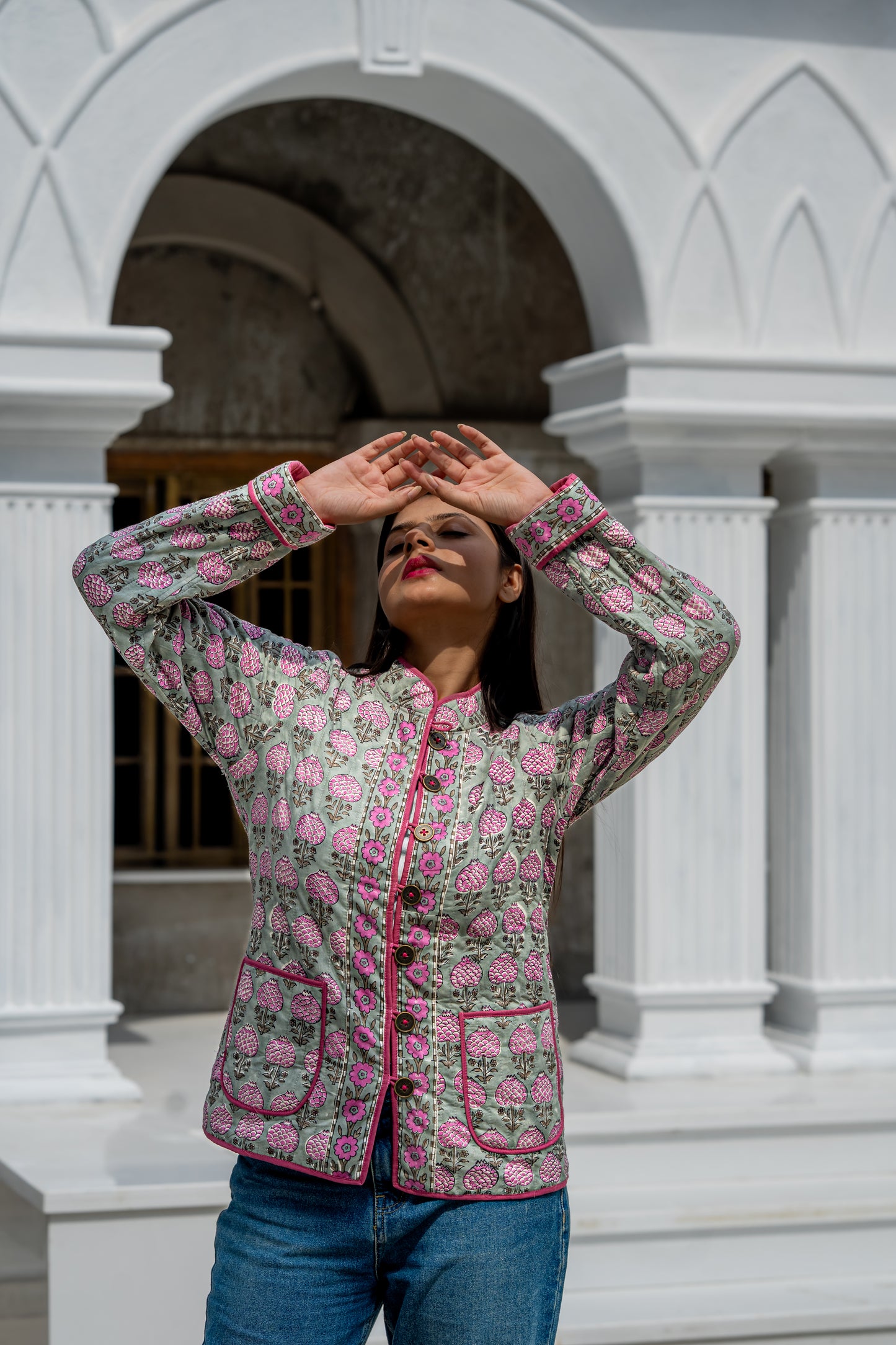 Grey Floral Reversible Quilted Jacket-NVQJ634