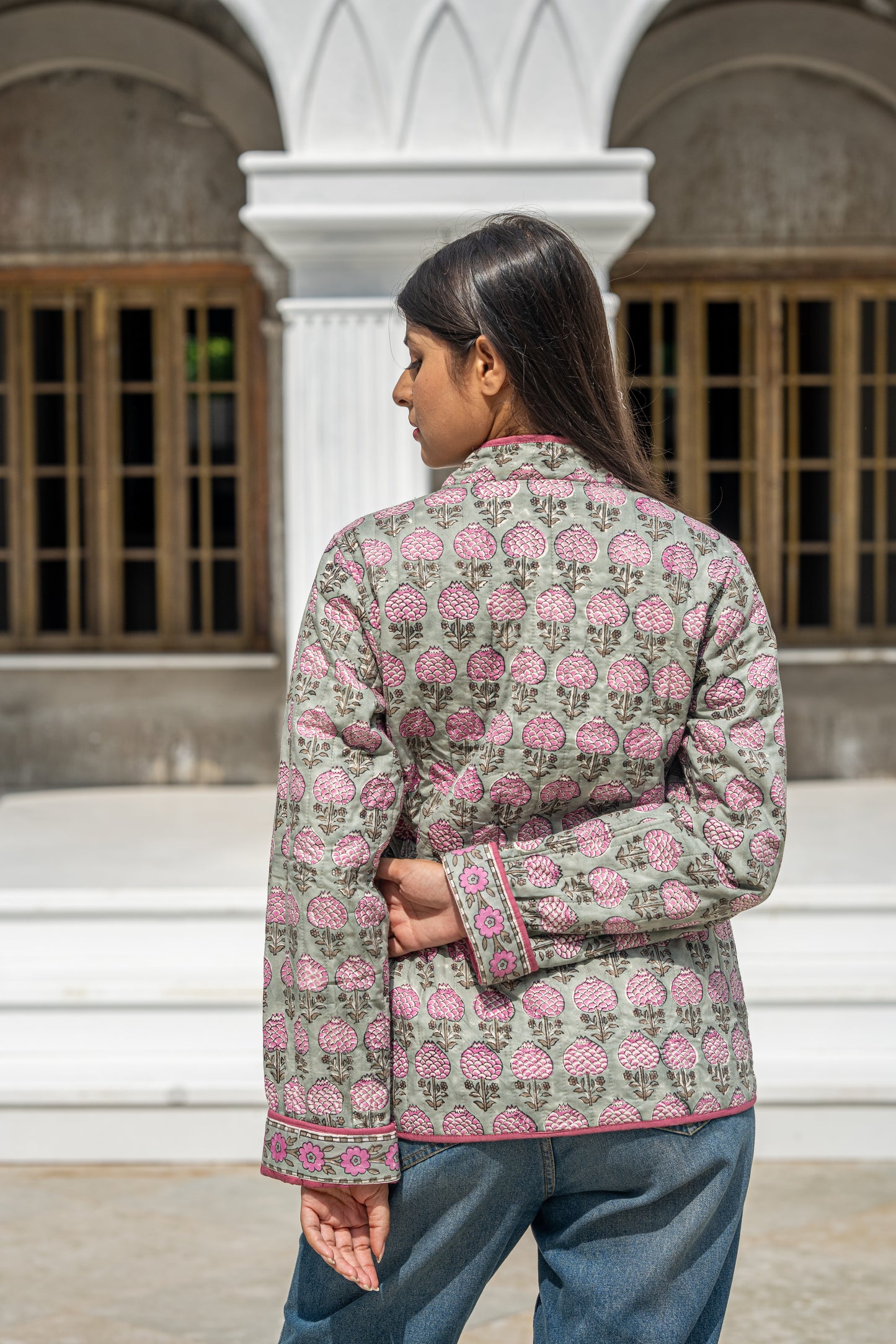 Grey Floral Reversible Quilted Jacket-NVQJ634