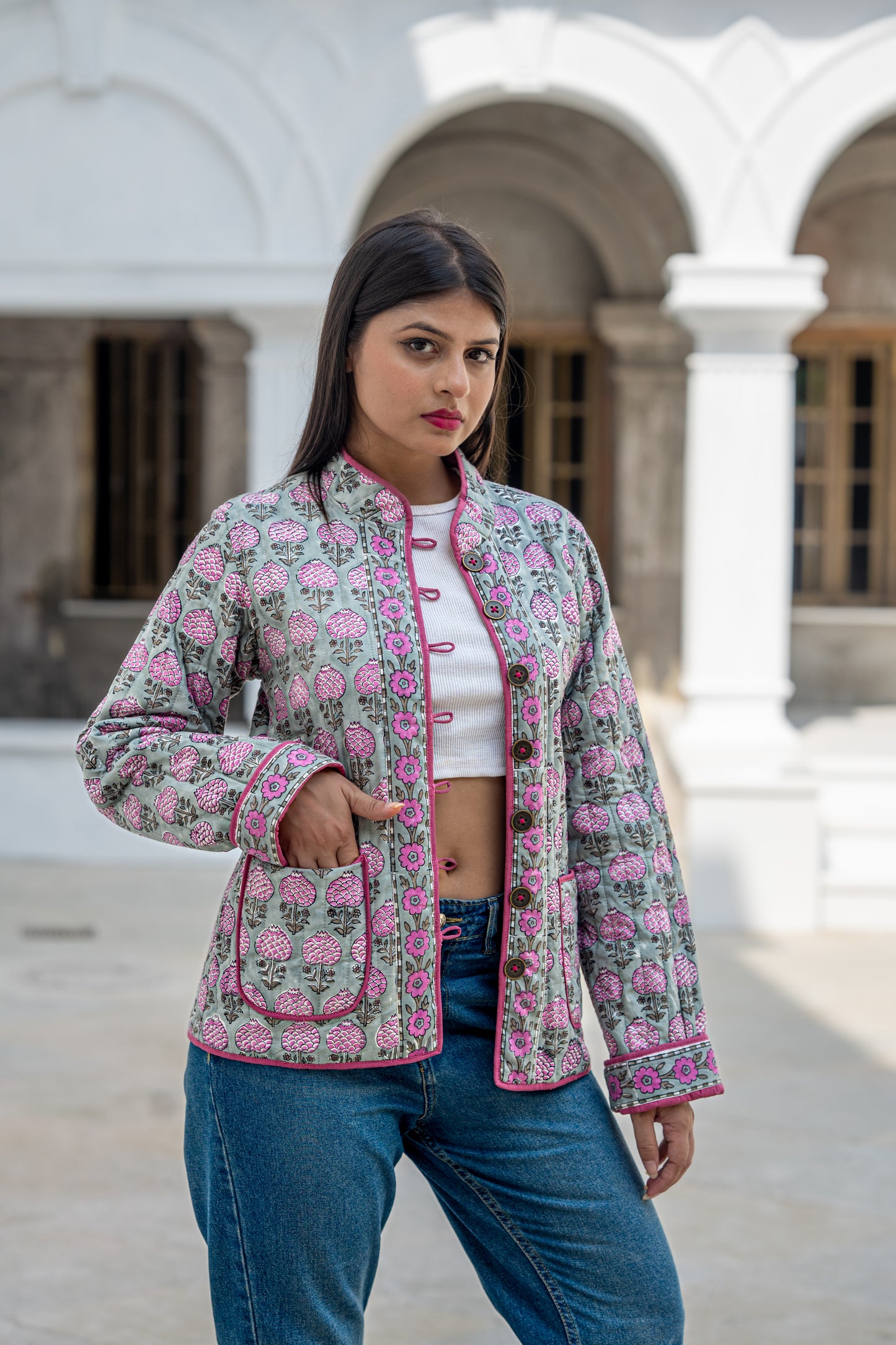 Grey Floral Reversible Quilted Jacket-NVQJ634