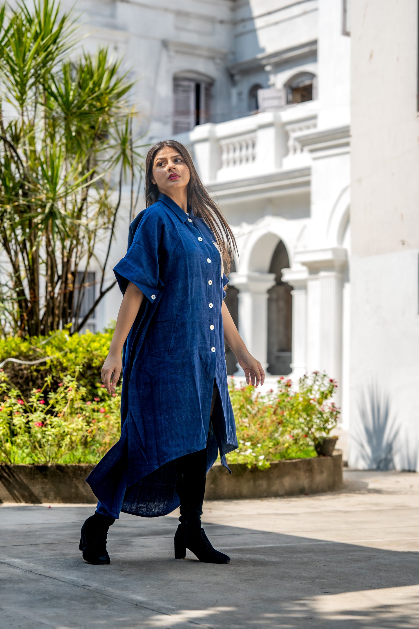 Navy Handloom Khari Embroidered Kaftan - NVK557