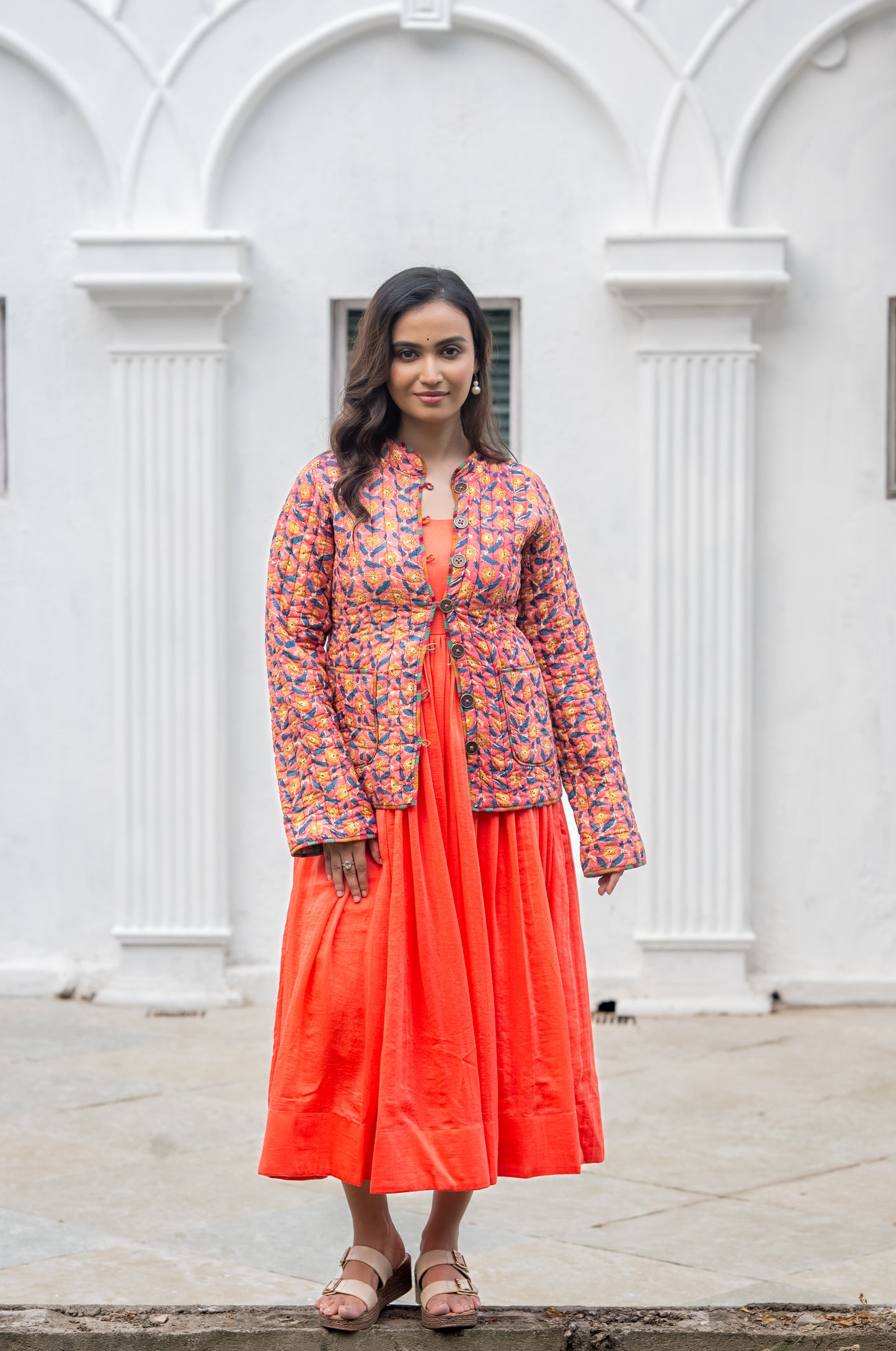 Pink Block Printed Reversible Quilted Jacket-NVQJ636