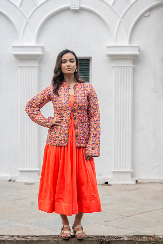 Pink Block Printed Reversible Quilted Jacket-NVQJ636