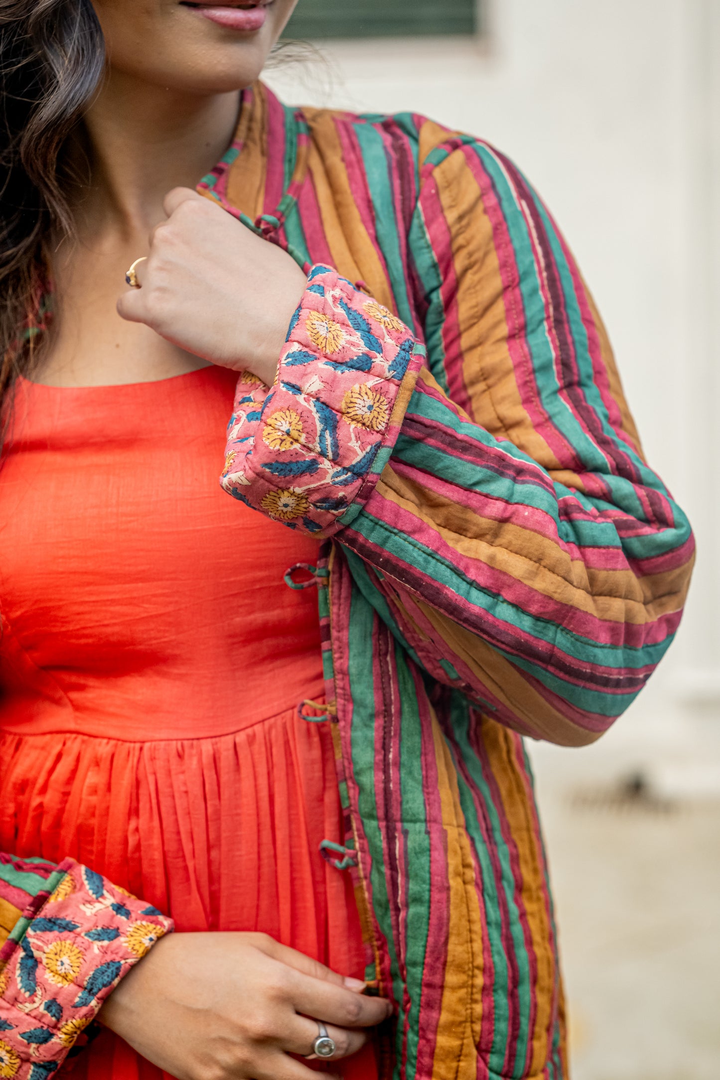 Pink Block Printed Reversible Quilted Jacket-NVQJ636