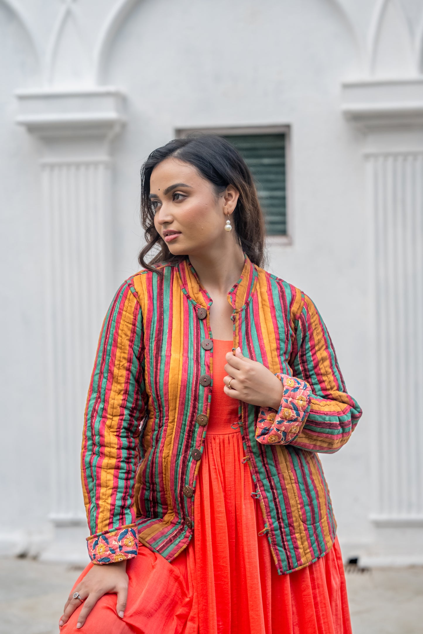 Pink Block Printed Reversible Quilted Jacket-NVQJ636