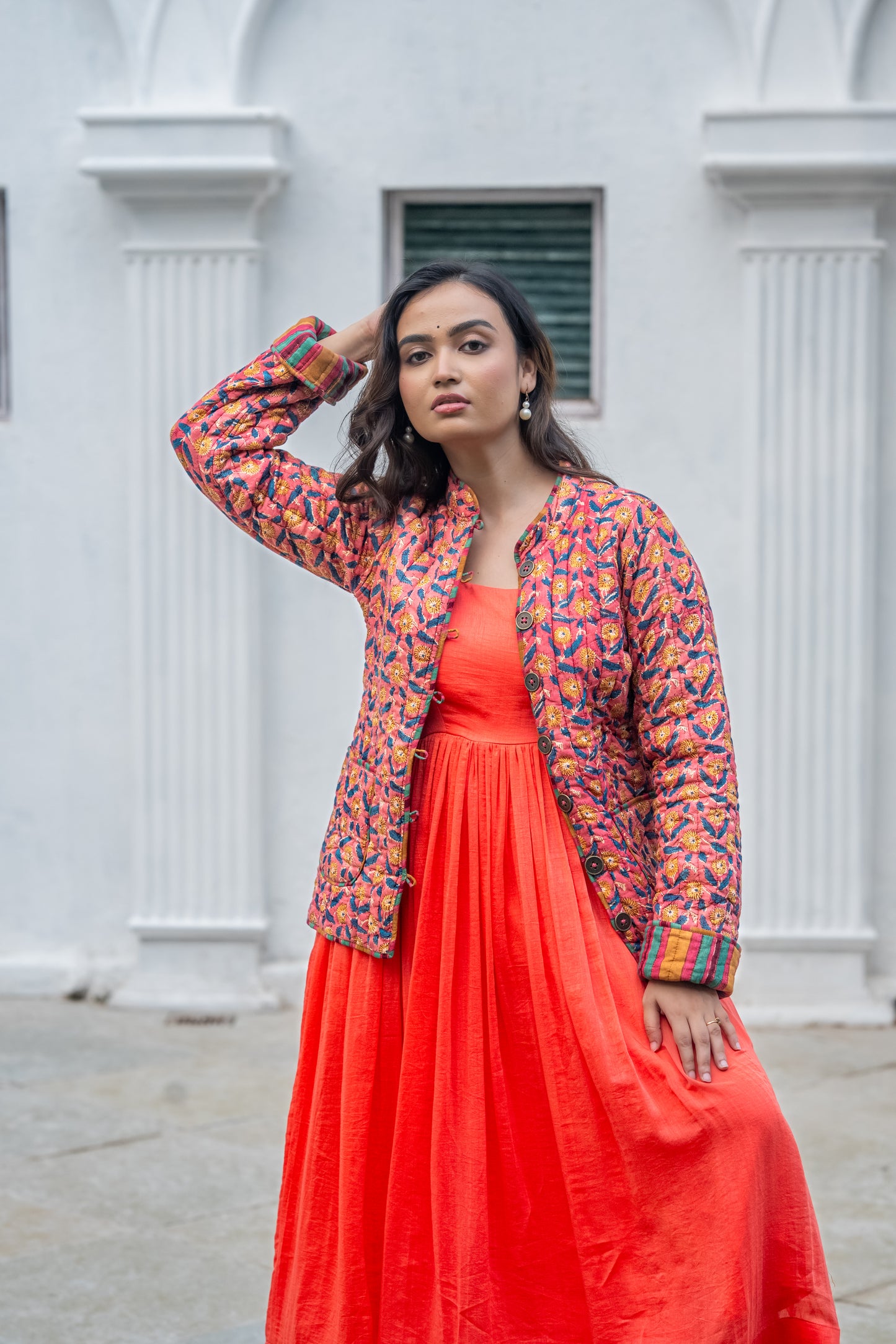 Pink Block Printed Reversible Quilted Jacket-NVQJ636