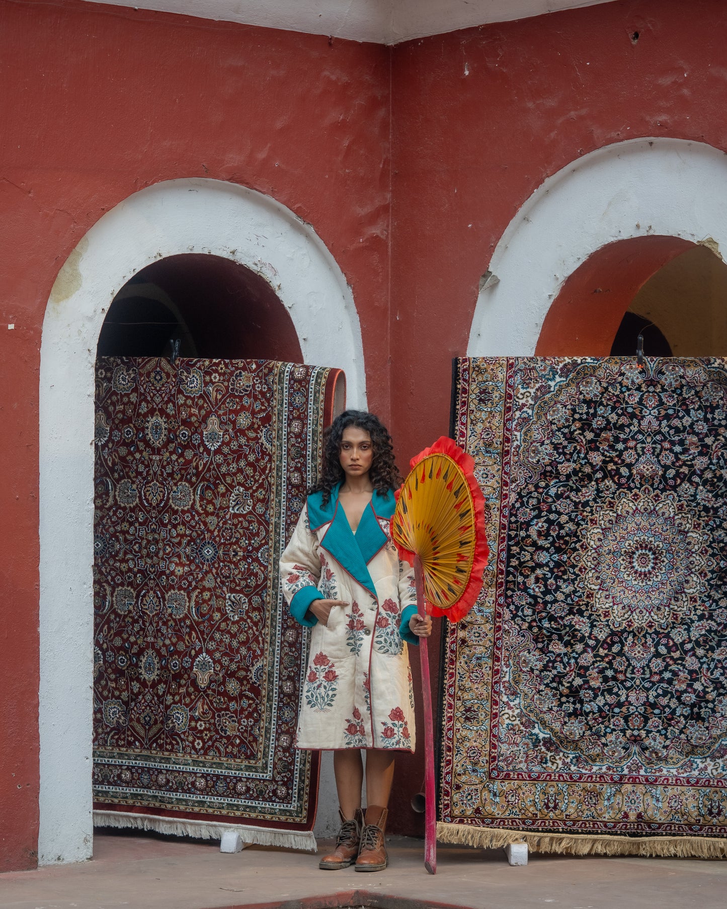 Floral Block Printed Waffle Quilted Coat-NVQJ640