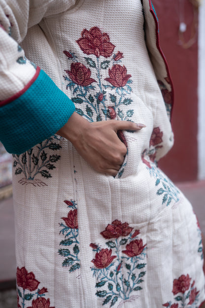 Floral Block Printed Waffle Quilted Coat-NVQJ640