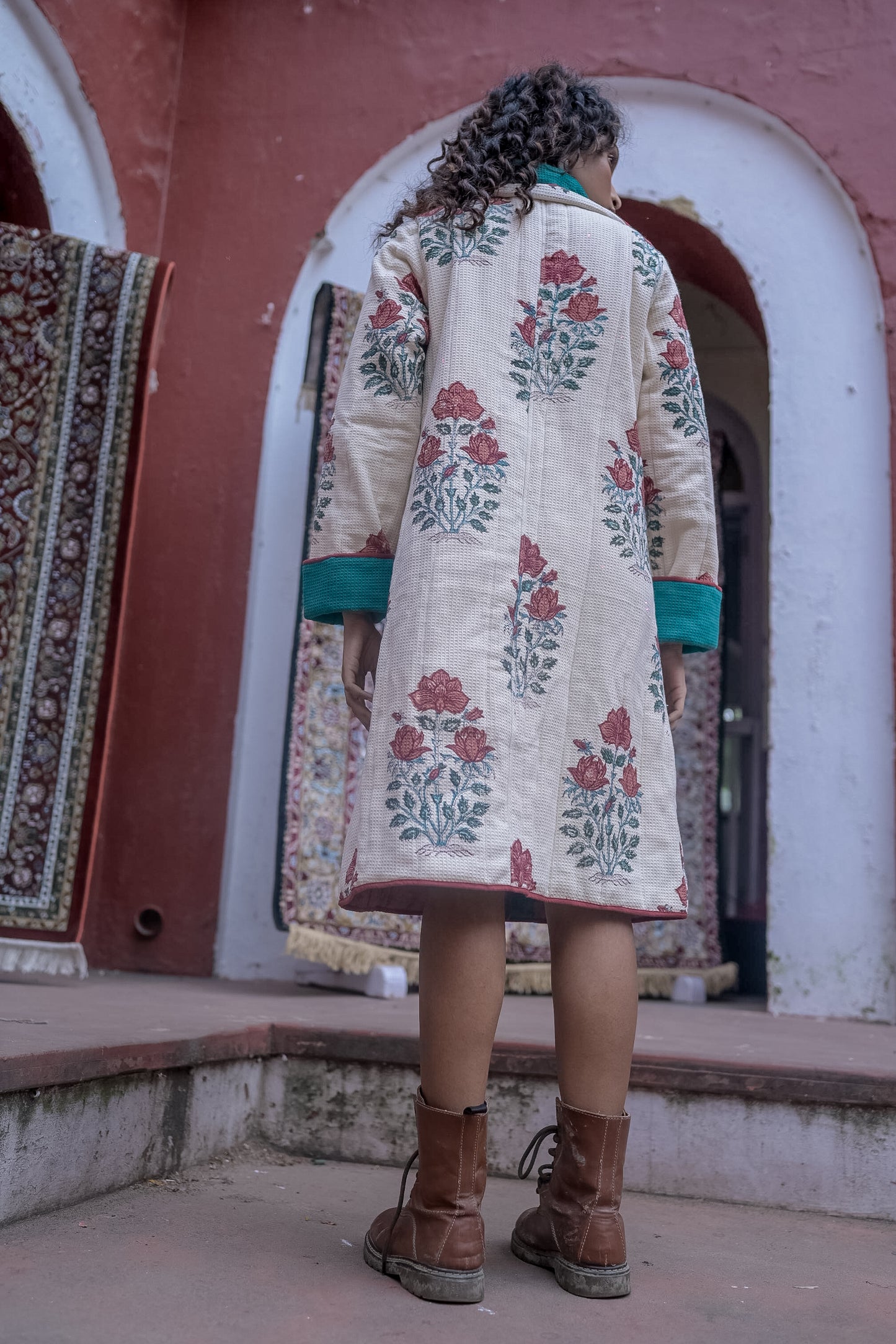 Floral Block Printed Waffle Quilted Coat-NVQJ640