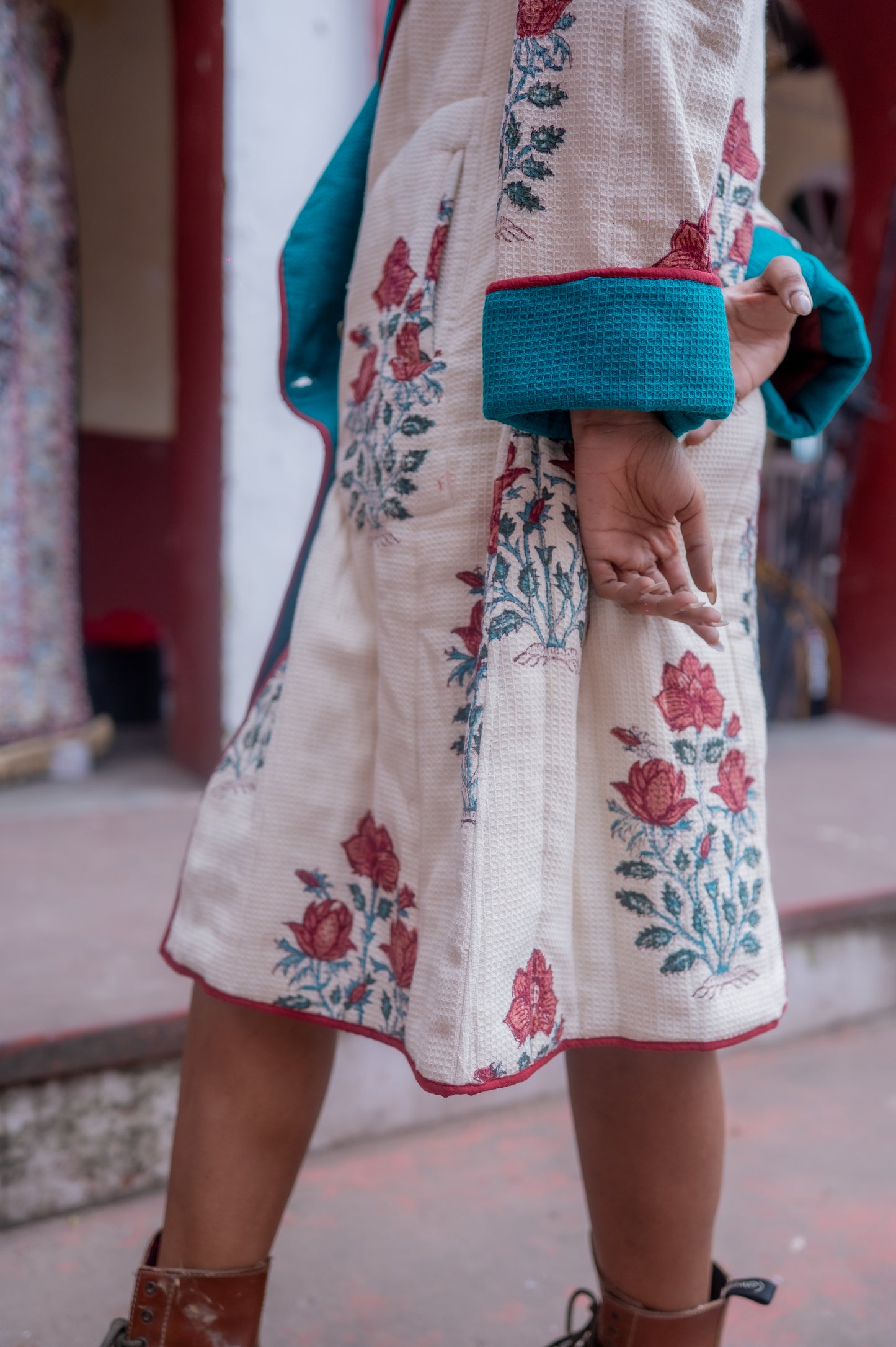 Floral Block Printed Waffle Quilted Coat-NVQJ640