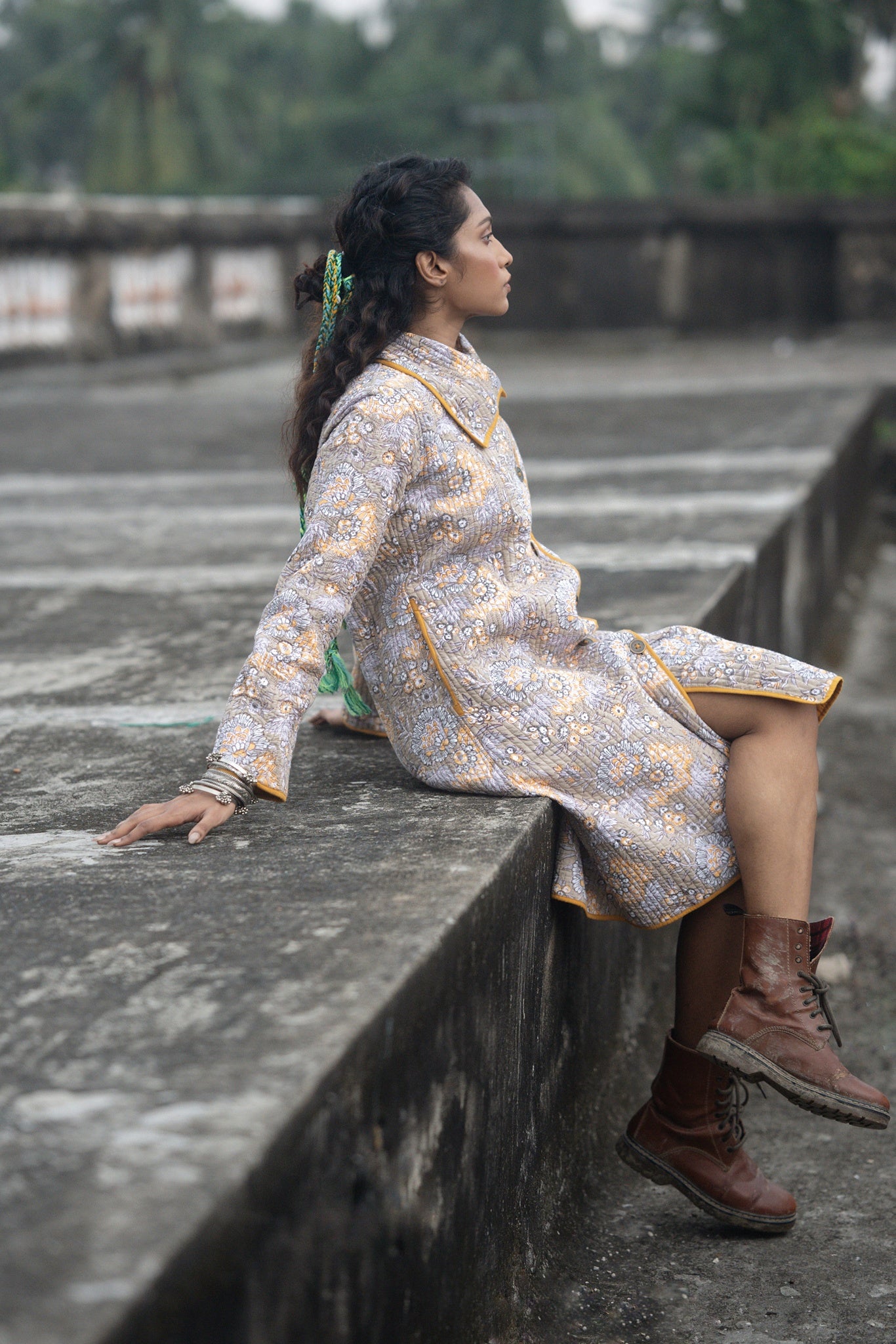 Grey Yellow Bukhara Quilted Coat-NVQJ638