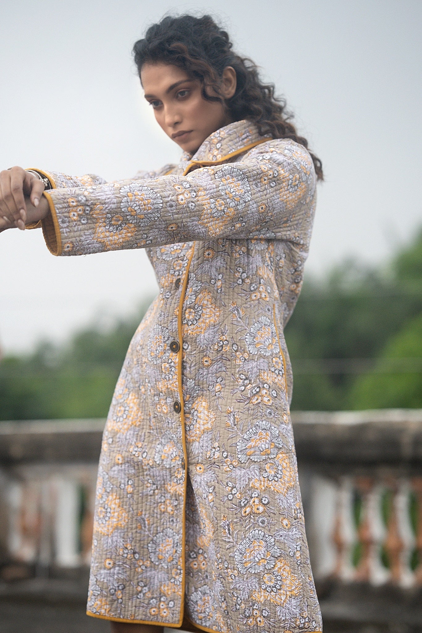 Grey Yellow Bukhara Quilted Coat-NVQJ638