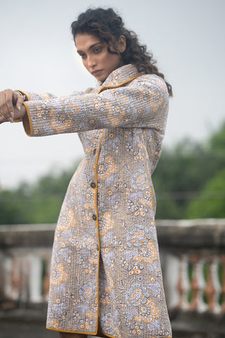 Grey Yellow Bukhara Quilted Coat-NVQJ638