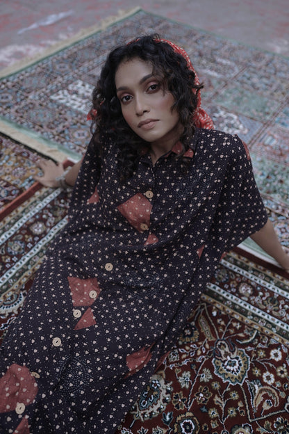 Black Ajrakh Long Kaftan - NVK558
