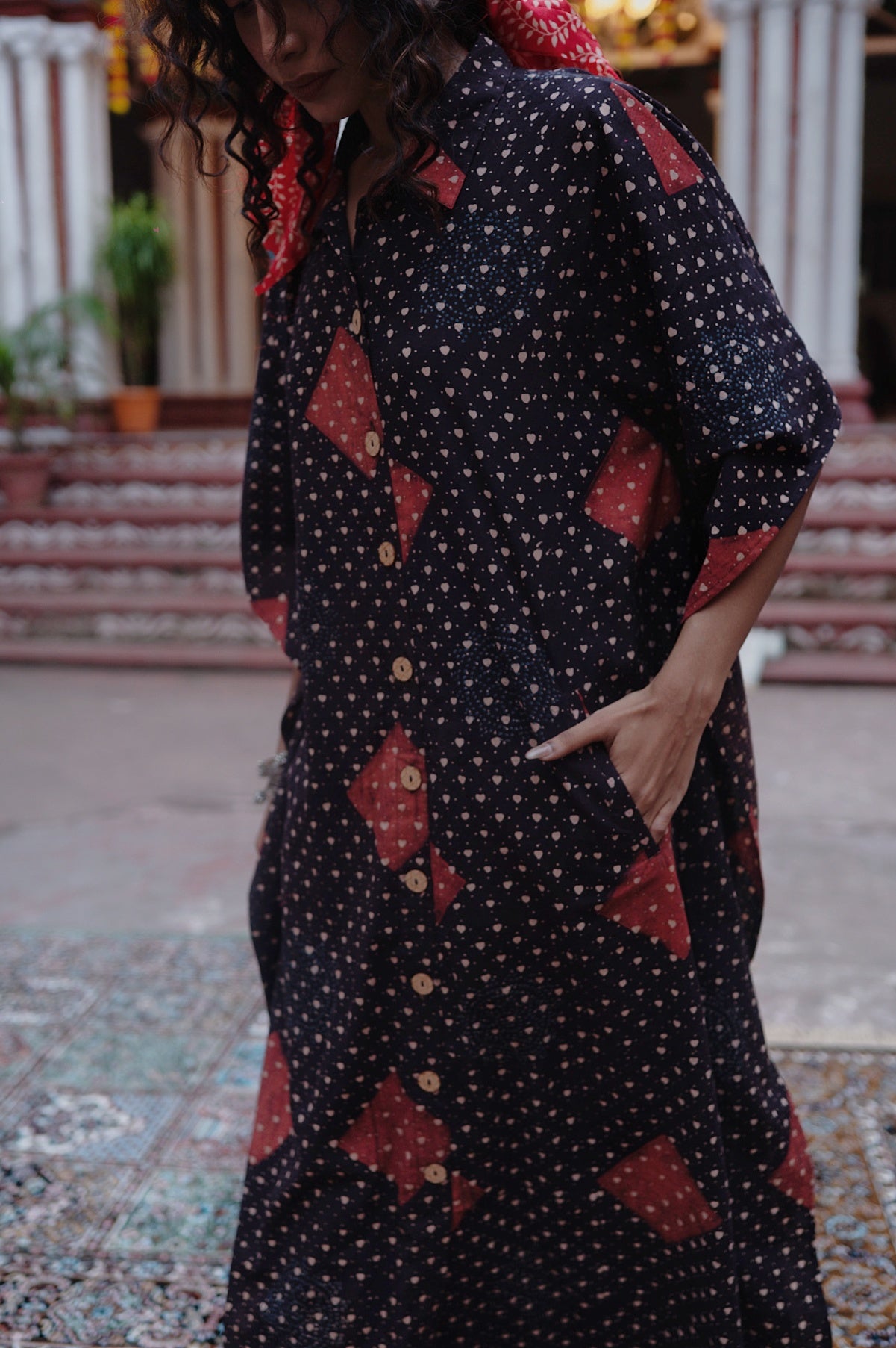 Black Ajrakh Long Kaftan - NVK558