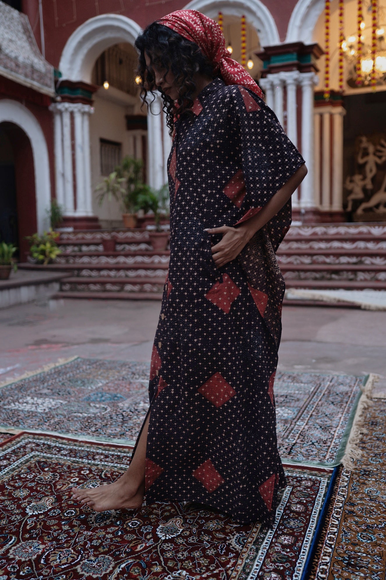 Black Ajrakh Long Kaftan - NVK558