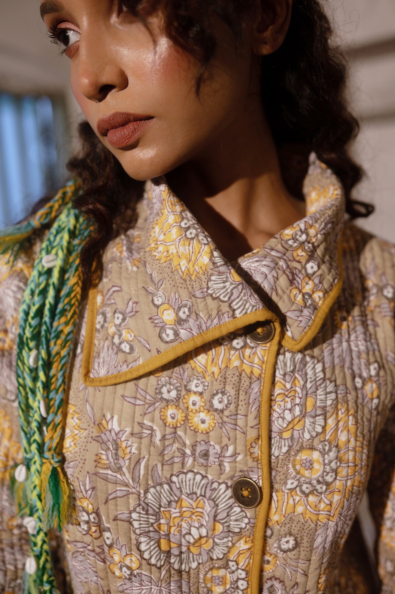 Grey Yellow Bukhara Quilted Coat-NVQJ638