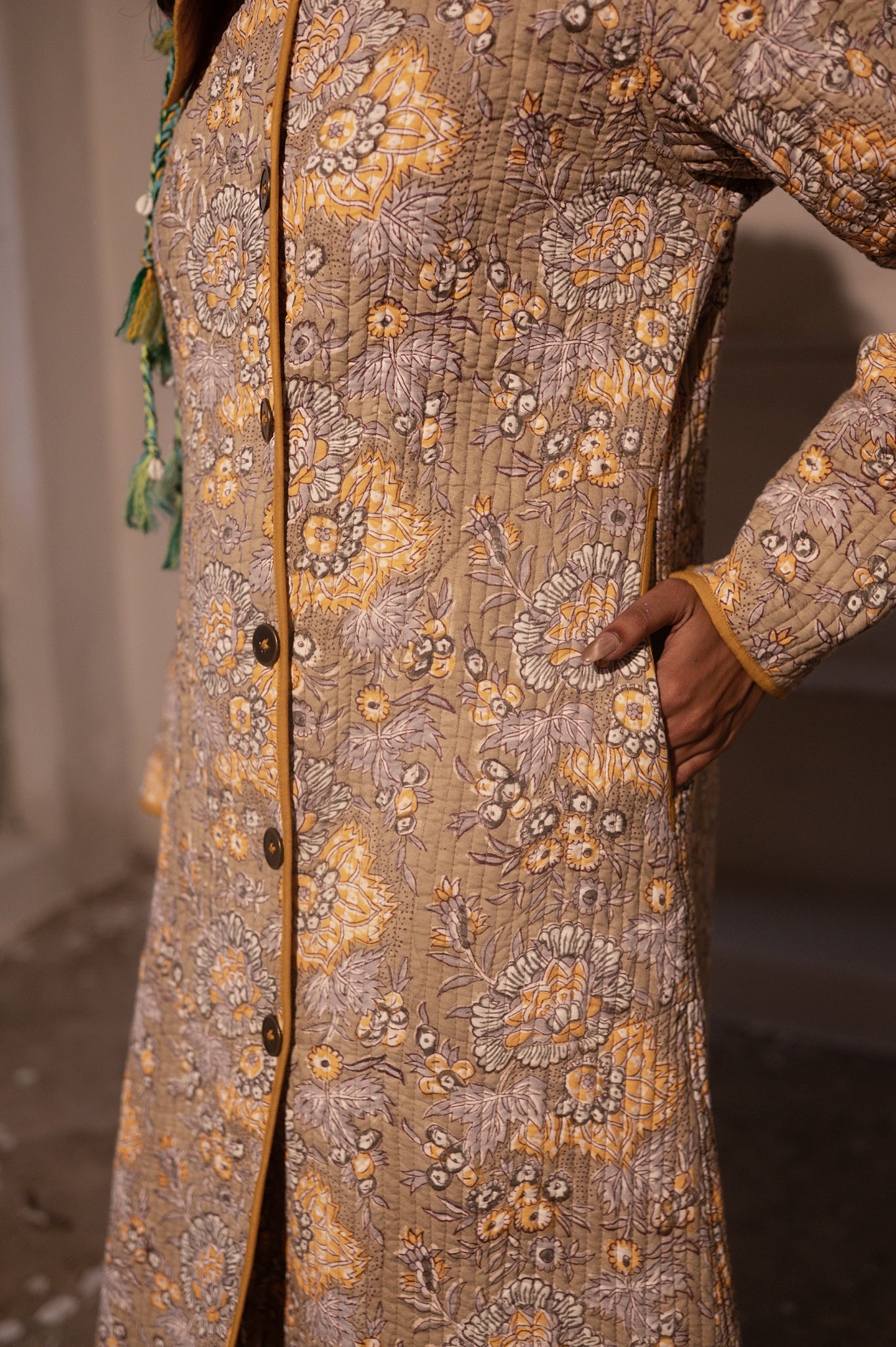 Grey Yellow Bukhara Quilted Coat-NVQJ638