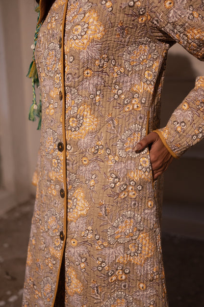 Grey Yellow Bukhara Quilted Coat-NVQJ638