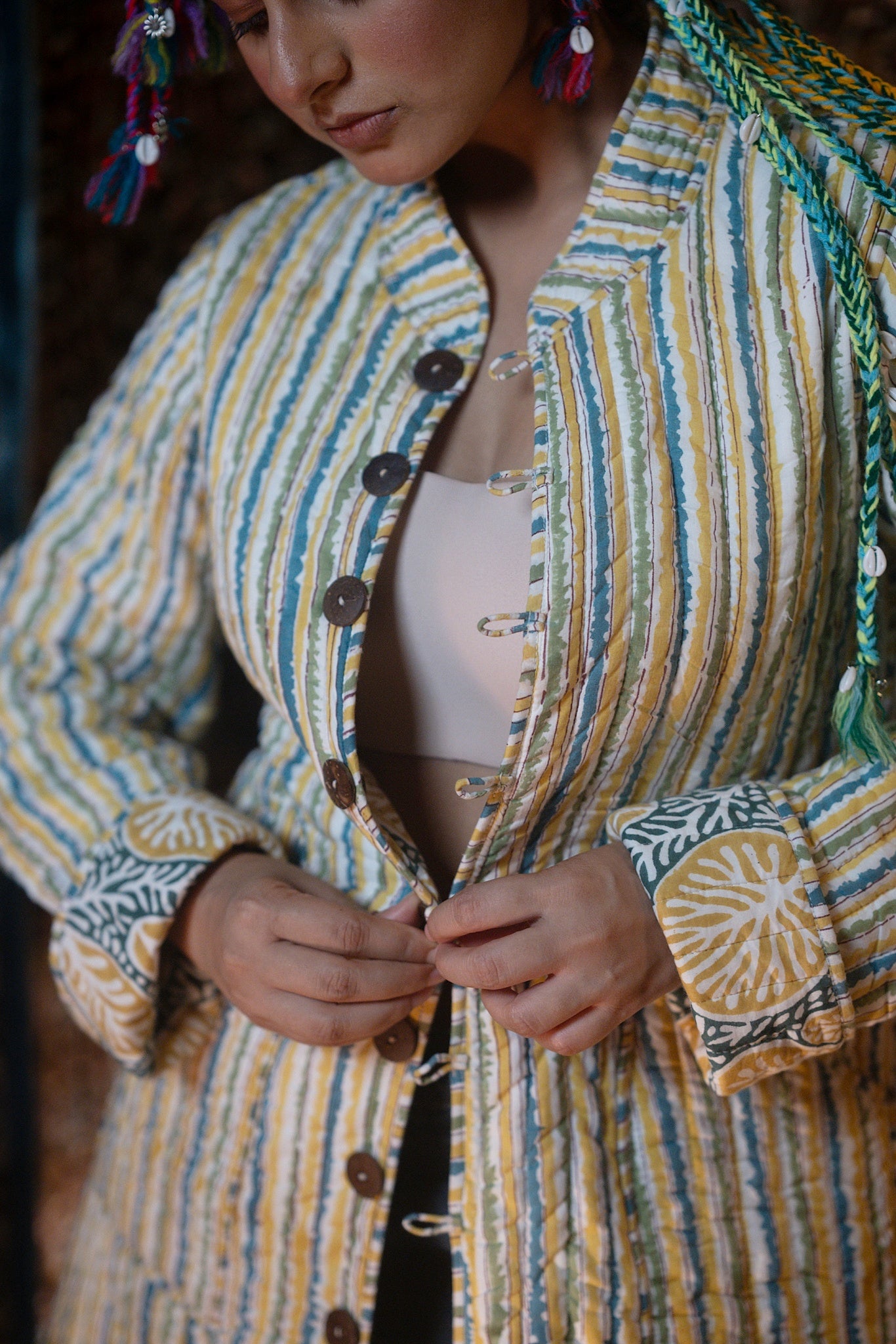 Green Yellow Folded Sleeves Quilted Coat-NVQJ632