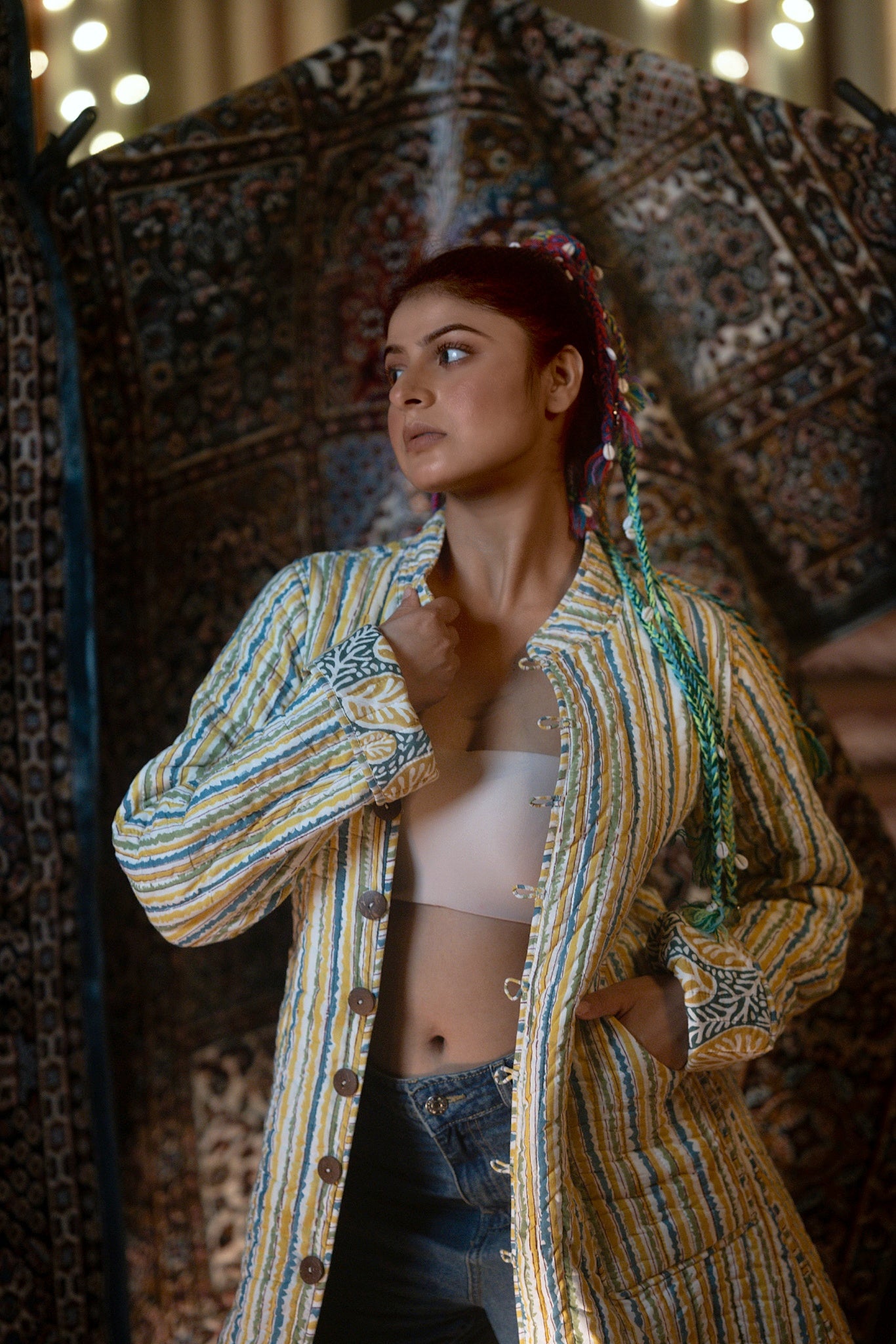 Green Yellow Folded Sleeves Quilted Coat-NVQJ632