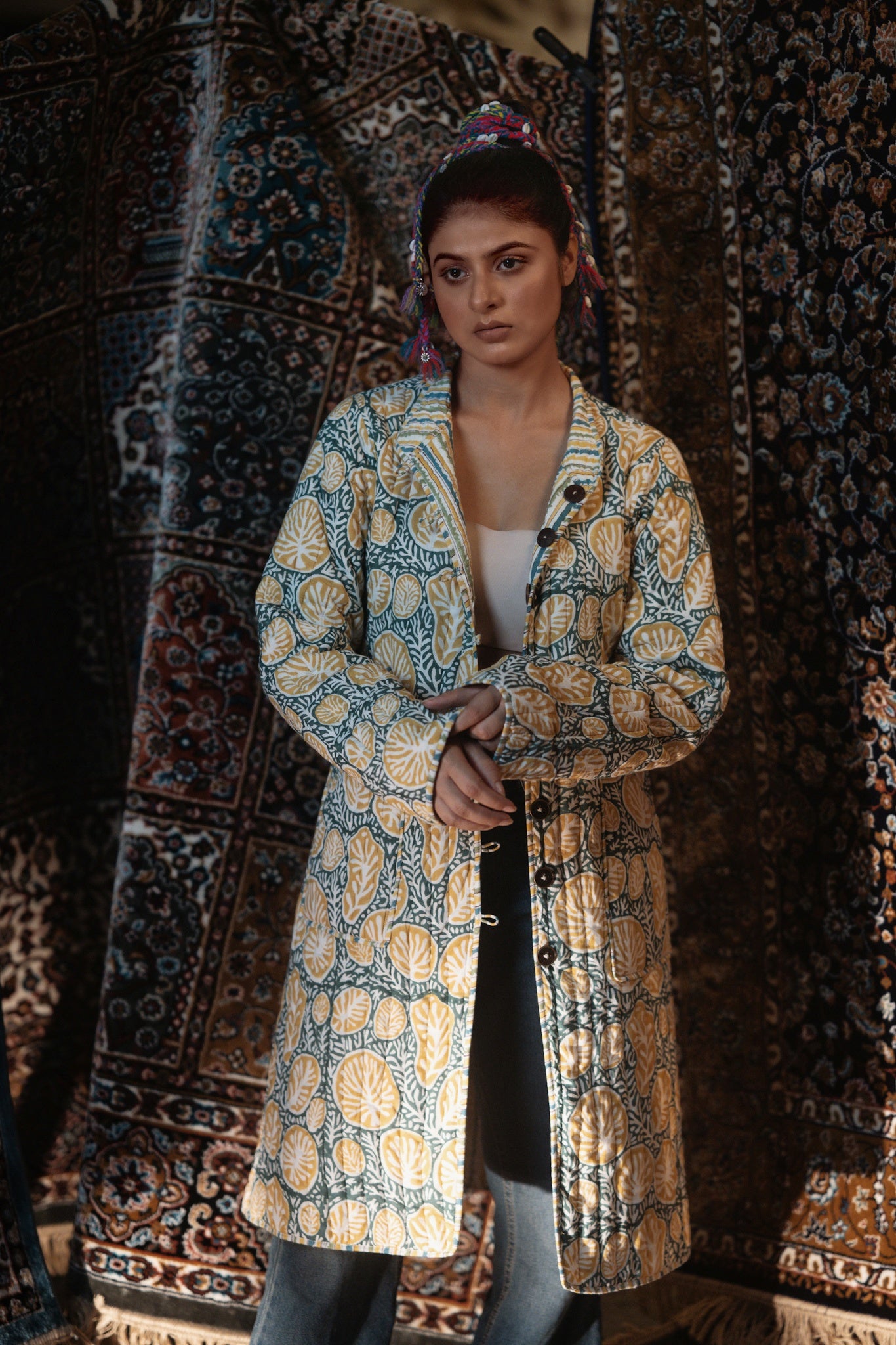 Green Yellow Folded Sleeves Quilted Coat-NVQJ632