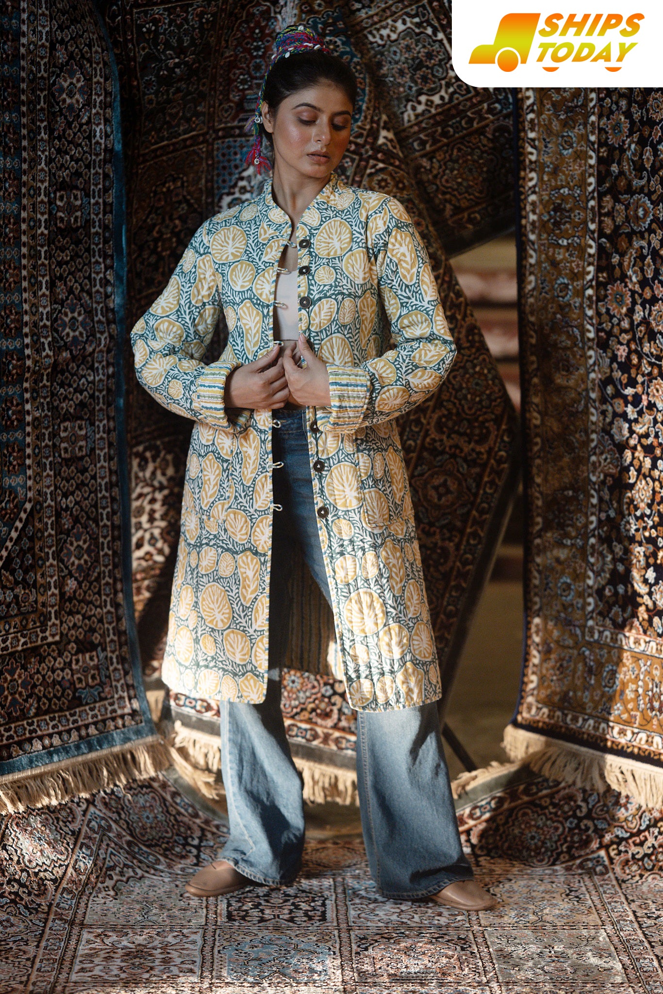 Green Yellow Folded Sleeves Quilted Coat-NVQJ632