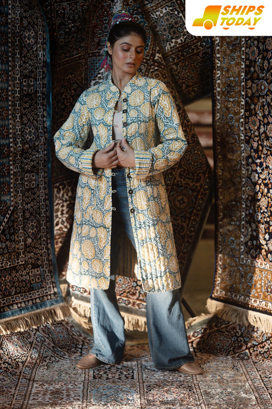 Green Yellow Folded Sleeves Quilted Coat-NVQJ632