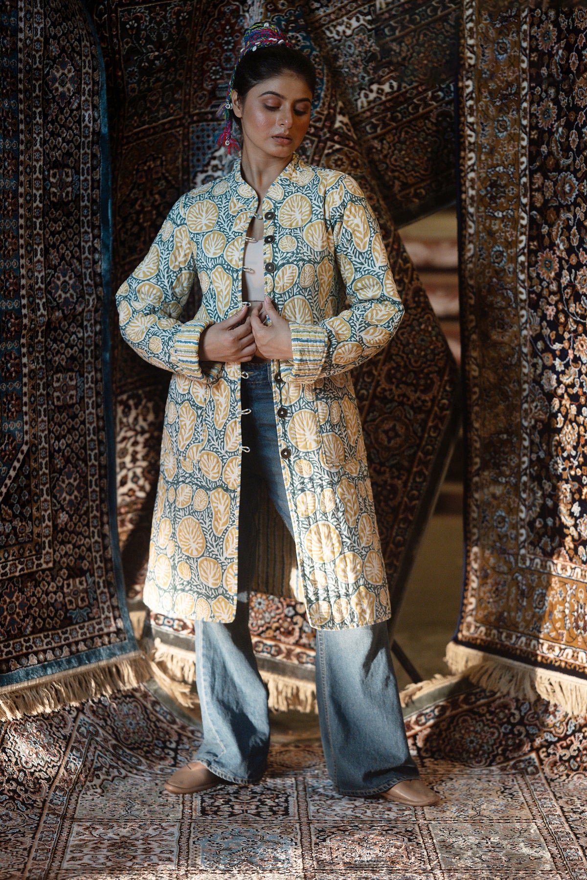 Green Yellow Folded Sleeves Quilted Coat-NVQJ632