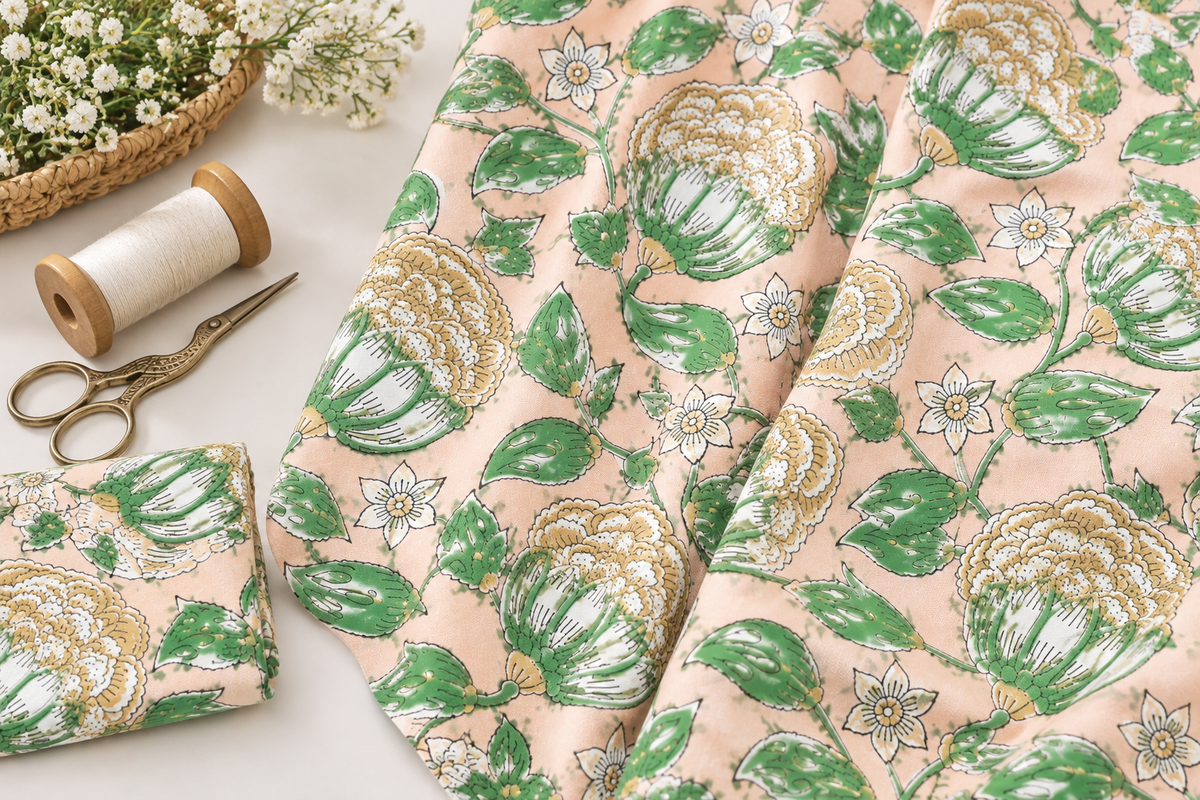 FLORAL HAND BLOCK PRINTED COTTON FABRIC-HF6467