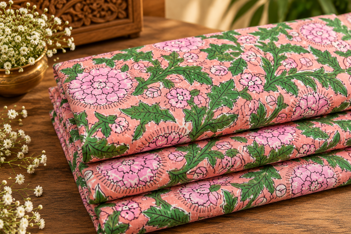 FLORAL HAND BLOCK PRINTED COTTON FABRIC-HF6462