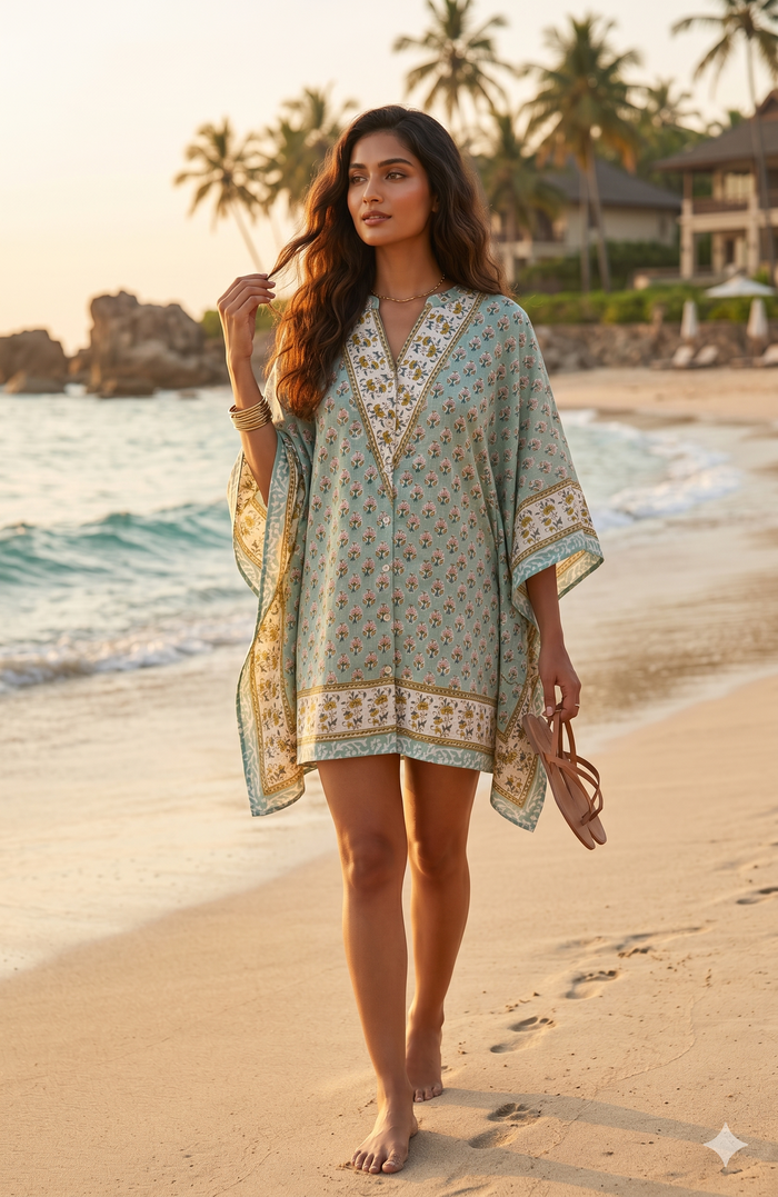 SAGE GREEN FLORAL BLOCK PRINT COTTON KAFTAN TOP - NVK587