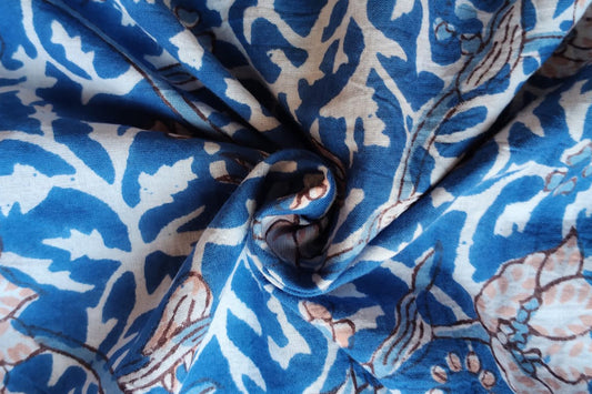 BLUE FLORAL HAND BLOCK PRINTED COTTON FABRIC-HF6436