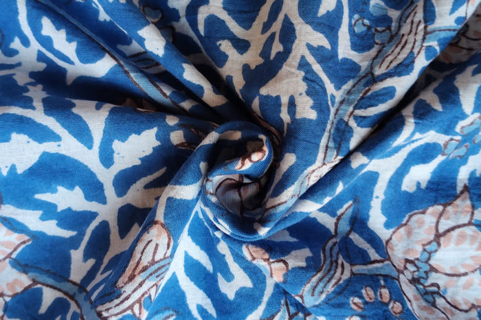 BLUE FLORAL HAND BLOCK PRINTED COTTON FABRIC-HF6436