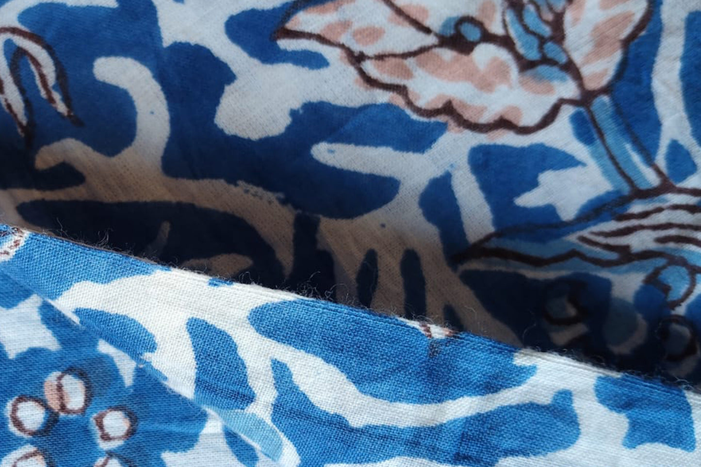 BLUE FLORAL HAND BLOCK PRINTED COTTON FABRIC-HF6436