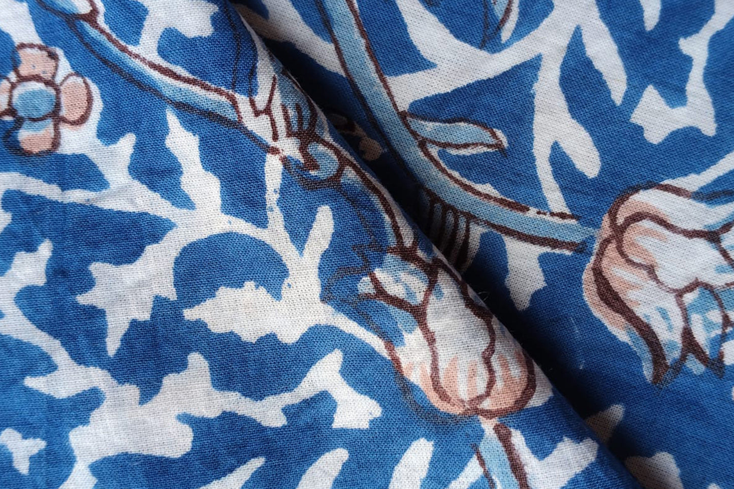 BLUE FLORAL HAND BLOCK PRINTED COTTON FABRIC-HF6436