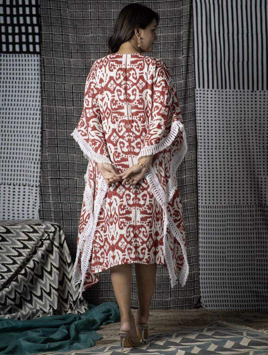 Red White Block Print Kaftan-NVK469