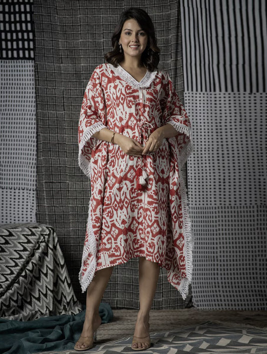 Red White Block Print Kaftan-NVK469