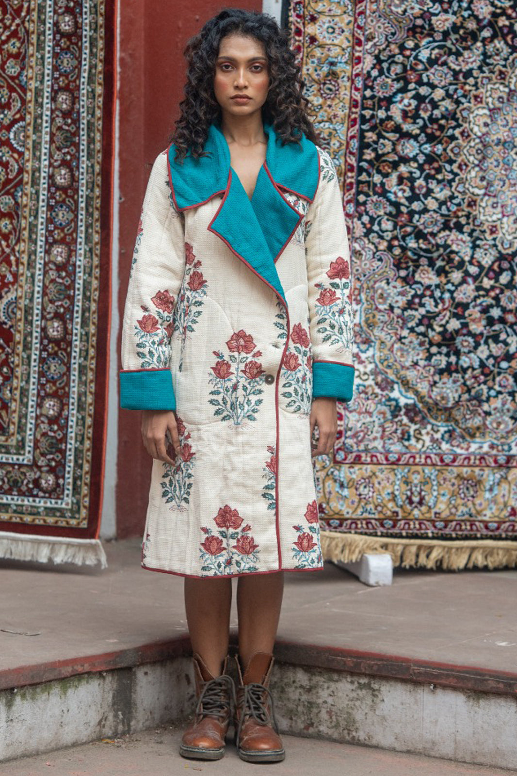 Floral Block Printed Waffle Quilted Coat-NVQJ640