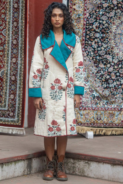 Floral Block Printed Waffle Quilted Coat-NVQJ640