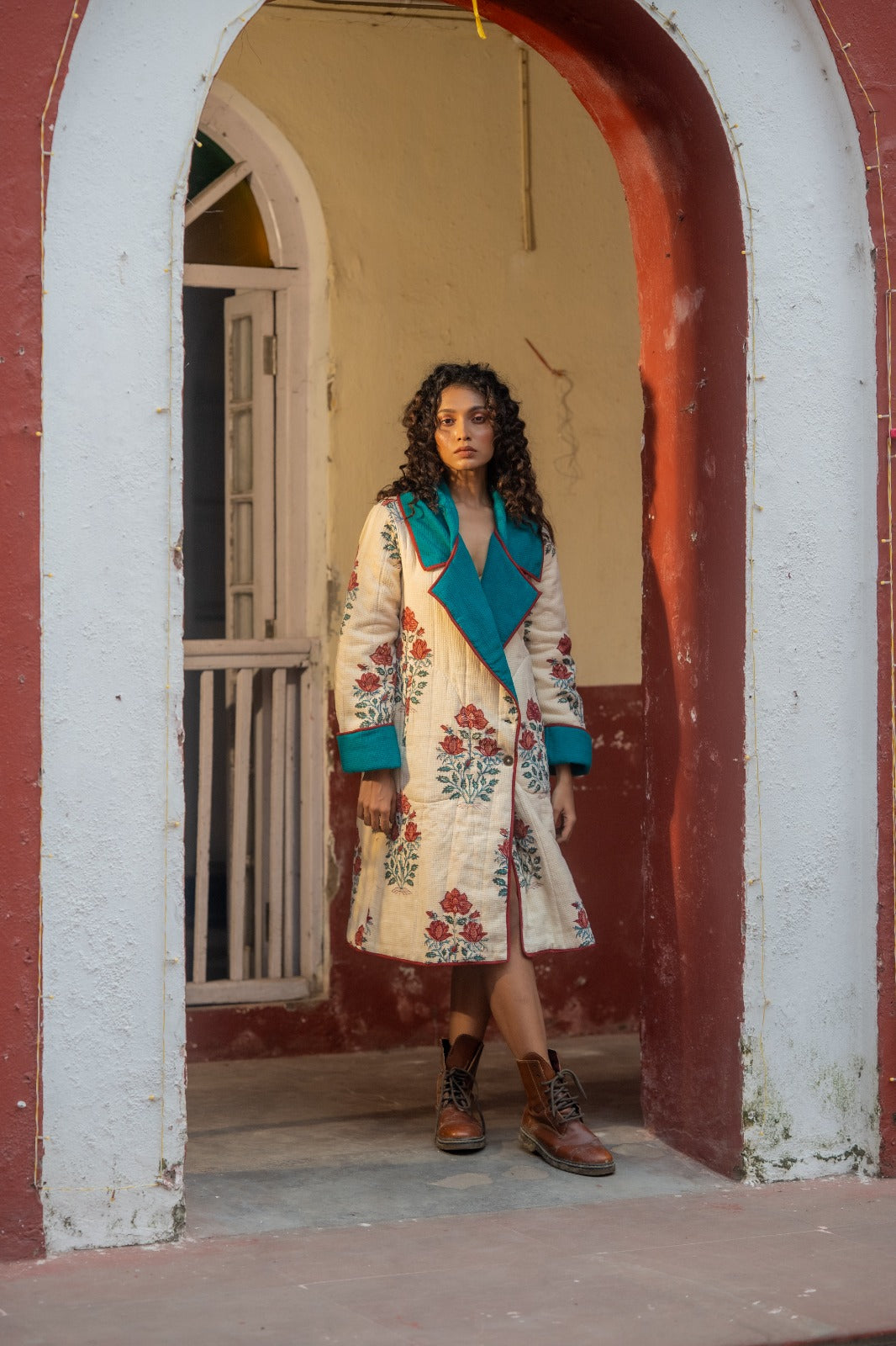 Floral Block Printed Waffle Quilted Coat-NVQJ640