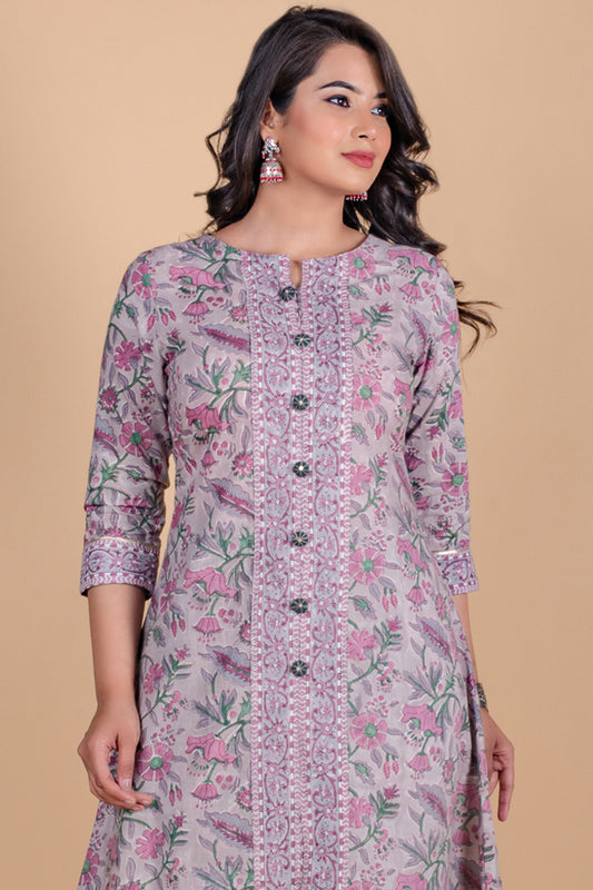 Grey Fog Block Printed A Line Kurta - KS35