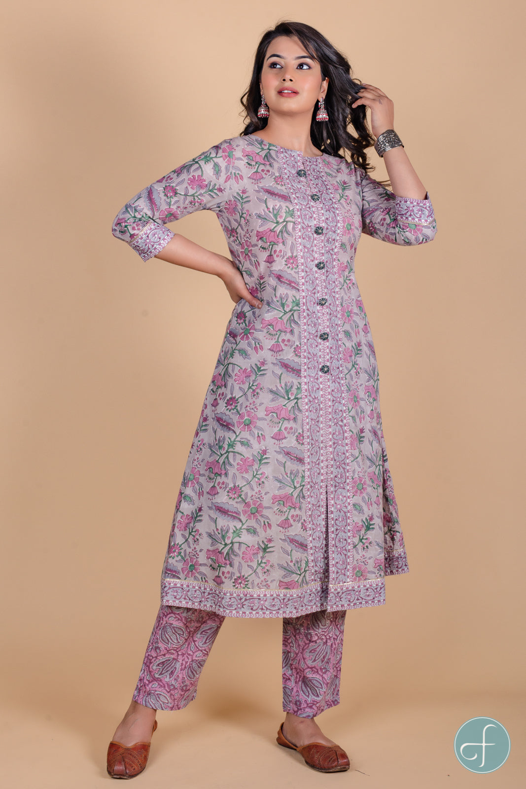 Grey Fog Block Printed A Line Kurta - KS35