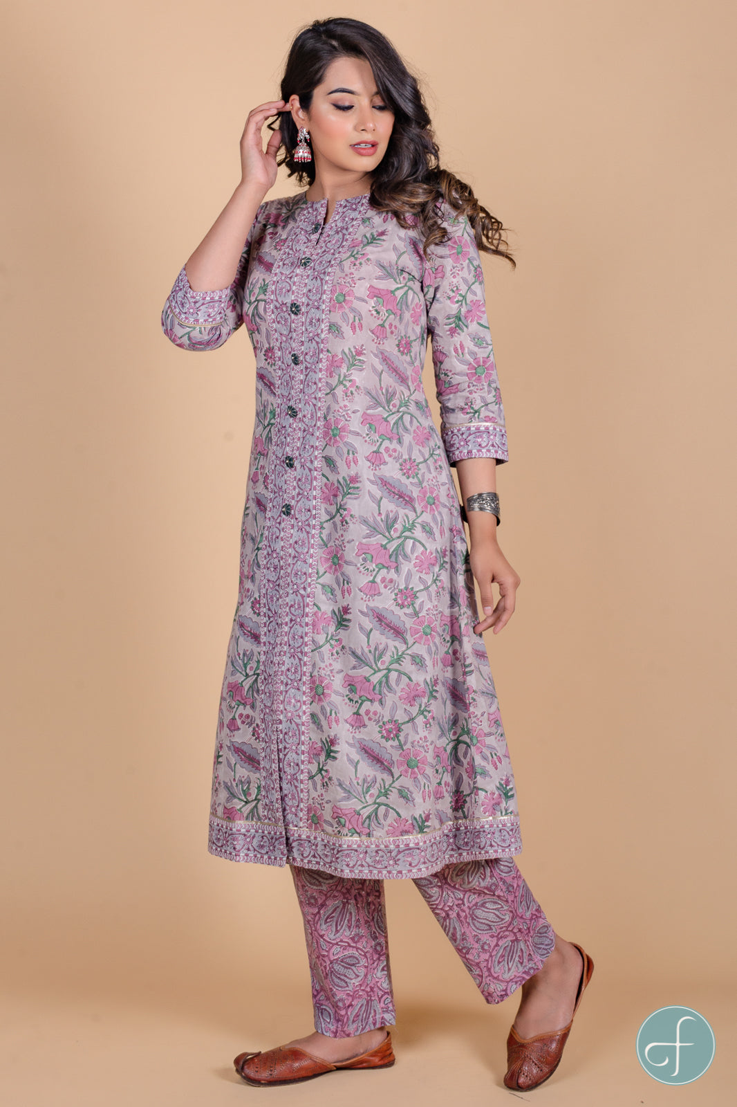 Grey Fog Block Printed A Line Kurta - KS35