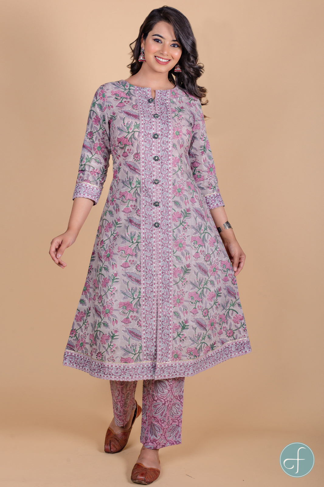 Grey Fog Block Printed A Line Kurta - KS35