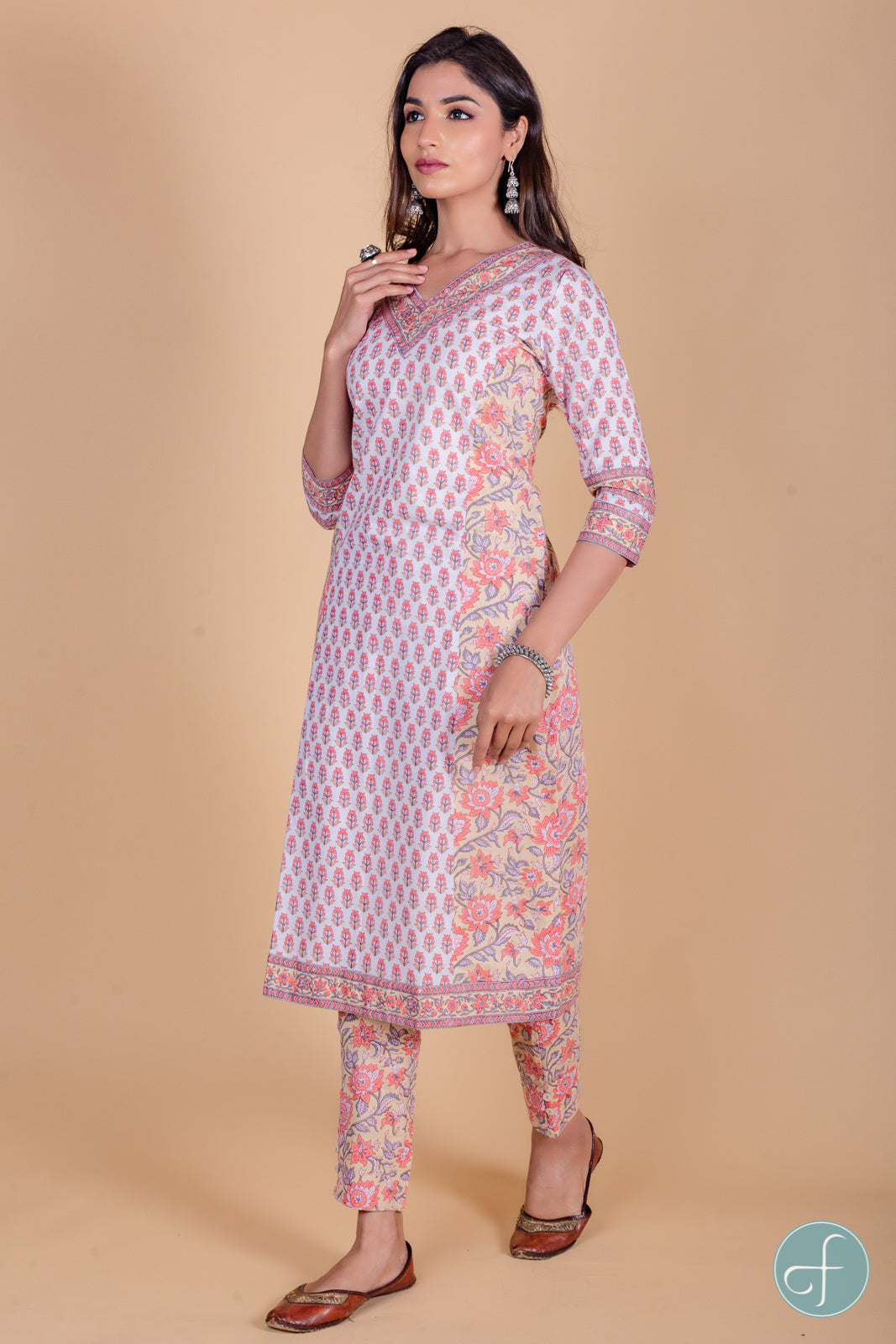 Apricot Peach Block Printed Kurta - KS39