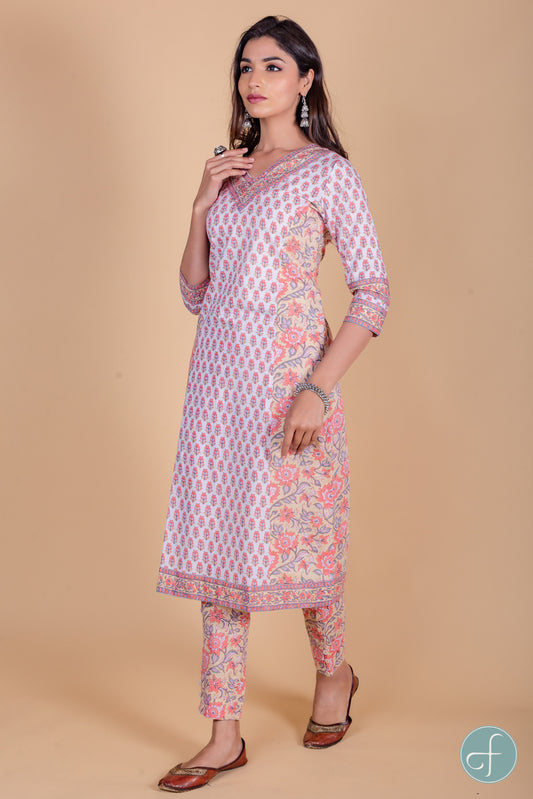 Apricot Peach Block Printed Kurta - KS39