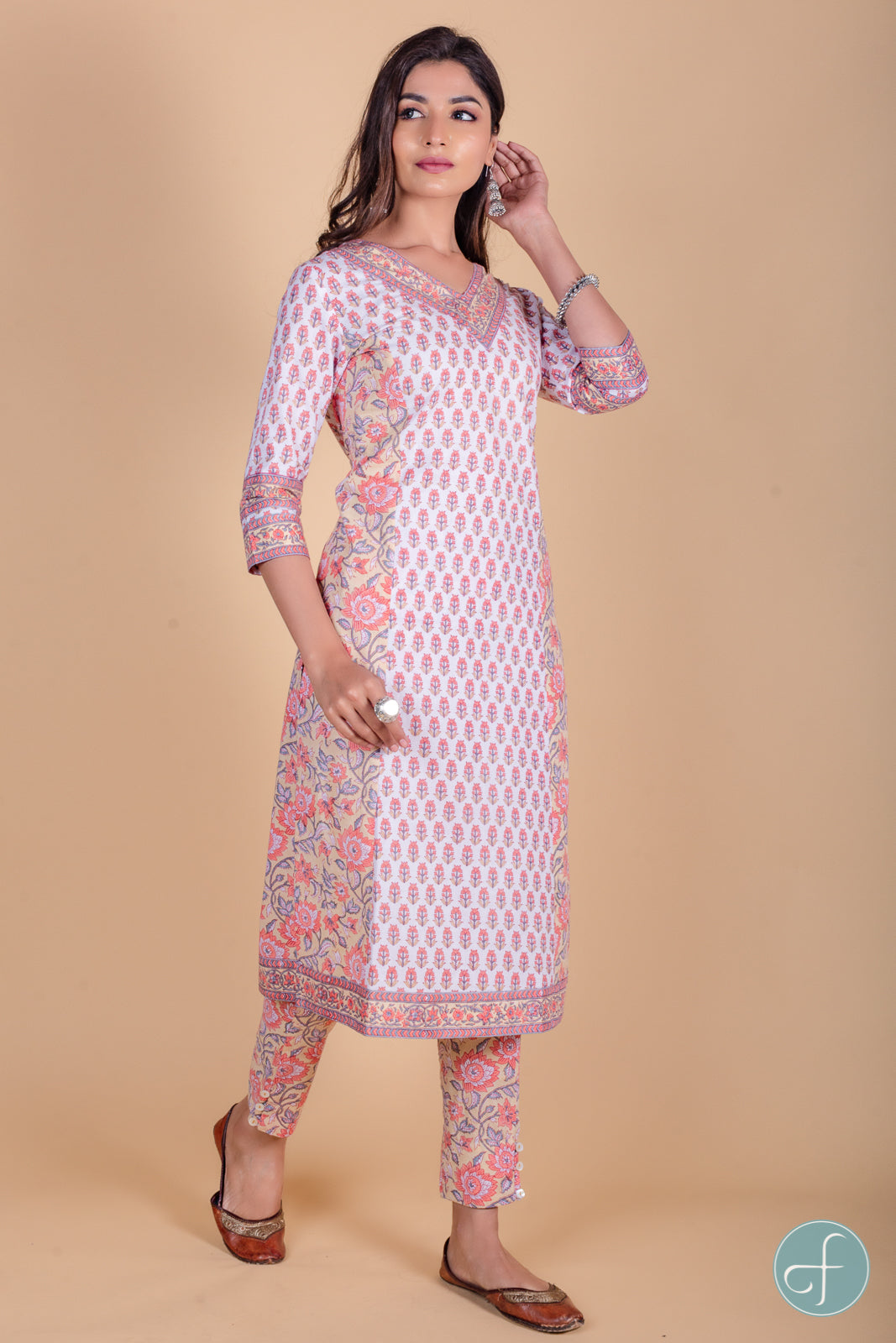 Apricot Peach Block Printed Kurta - KS39