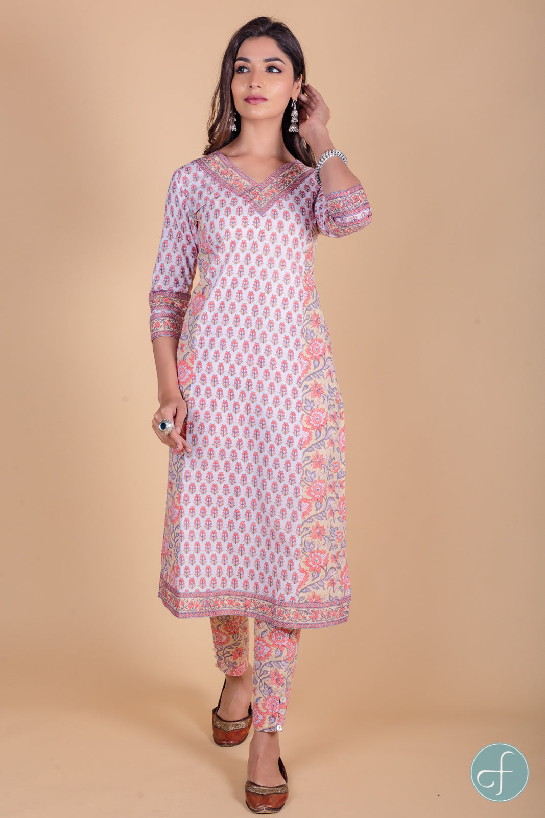 Apricot Peach Block Printed Kurta - KS39